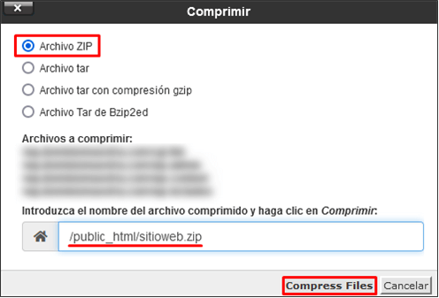 Nombrar el archivo y usar .zip como tipo de compresión